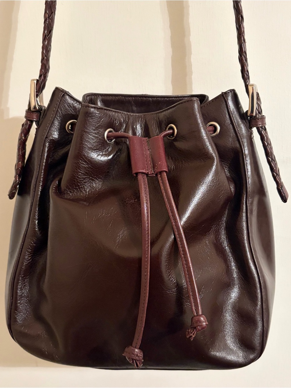 Fossil Dark Brown Leather Drawstring Bucket Shoulder Bag